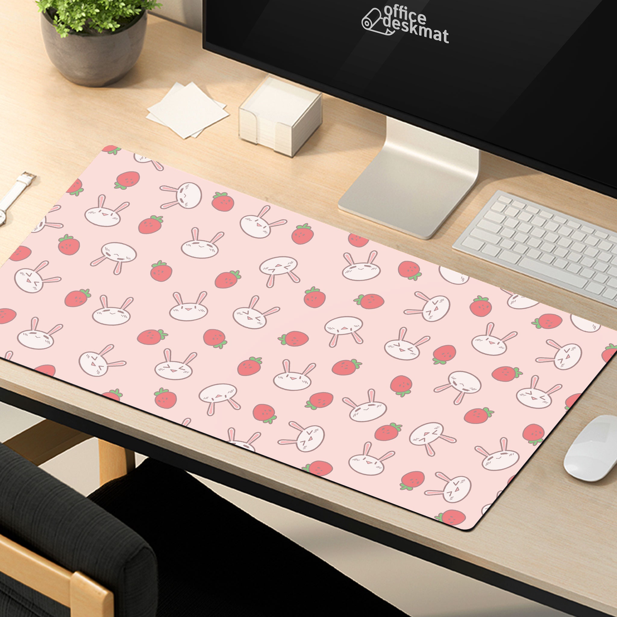 Kawaii Bunny And Strawberries Desk Mat Pink Desk Mat Cute Etsy