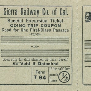 Pode incluir: Um bilhete de comboio vintage da Sierra Railway Company of California. O bilhete é para uma excursão especial e é válido para uma passagem de primeira classe. O bilhete é datado de 5-18-14 e tem o número de formulário T64.