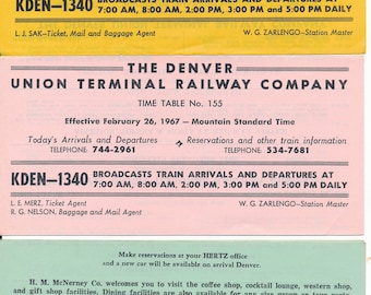The Denver Union Terminal Railway Lot of 3 public timetables Nos. 154, 155, and 156 dated 1965-1967,