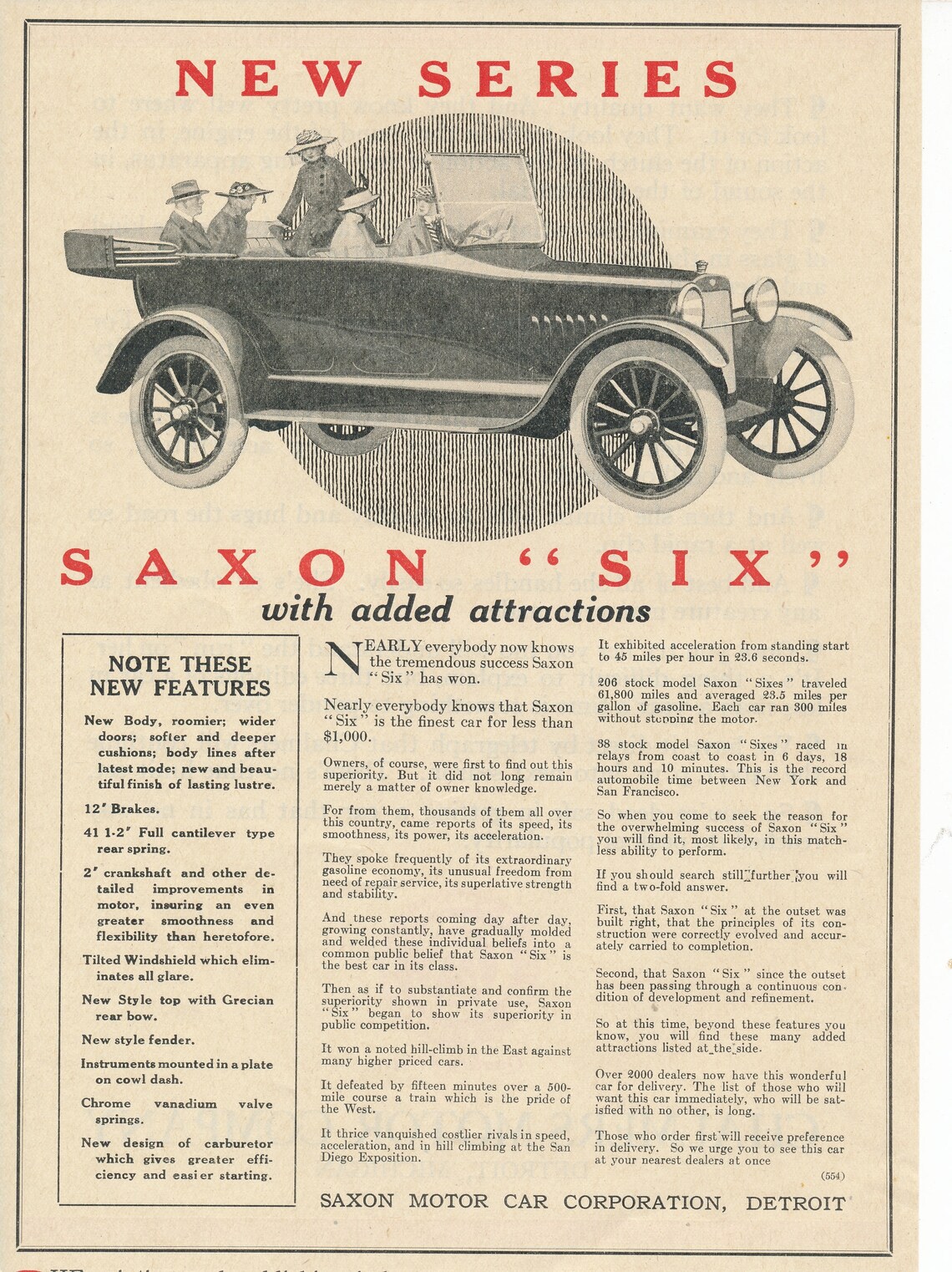 4 Vintage Print Ads for Saxon Motor Car Corp for 1900's and 1910's Etsy