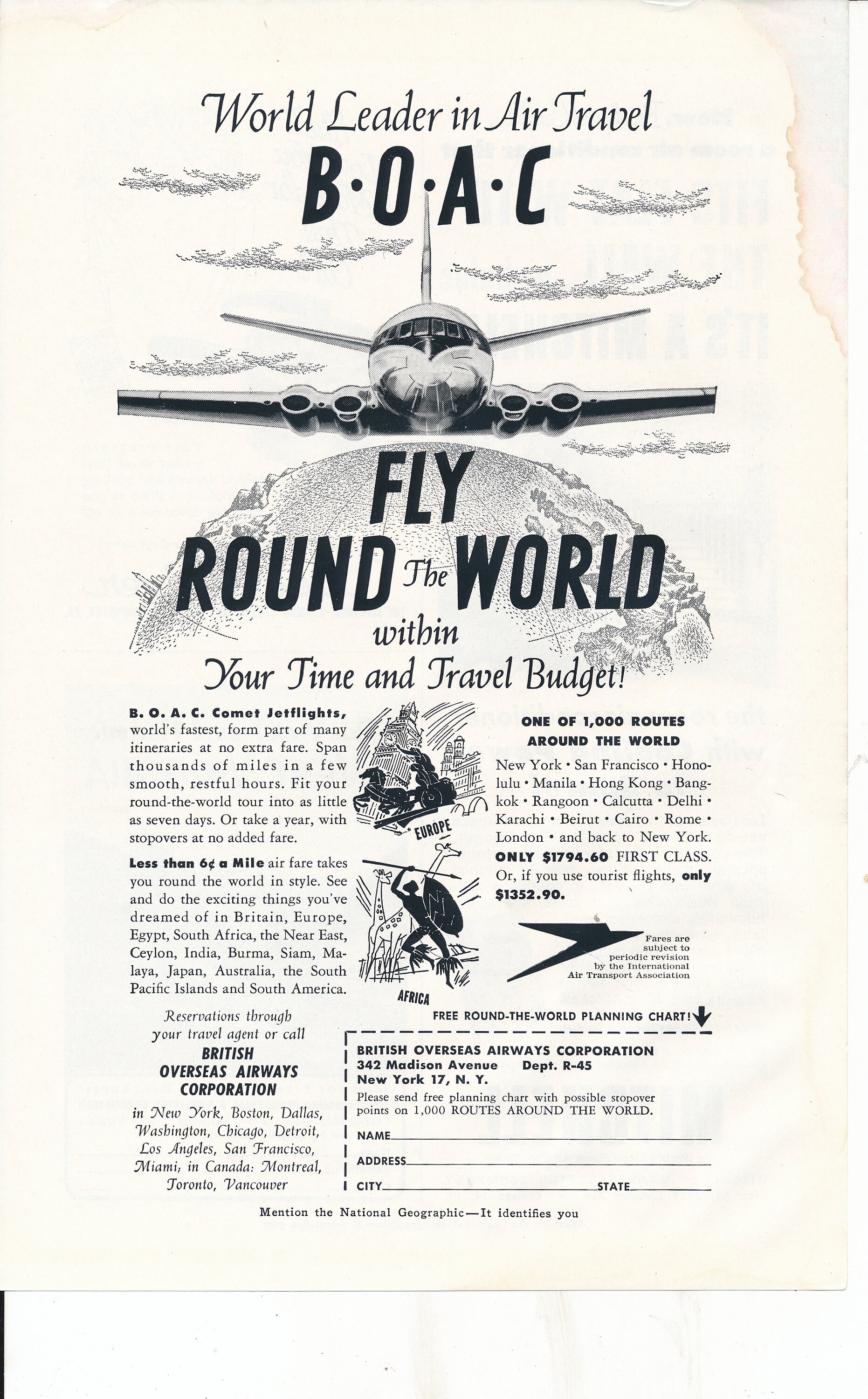 B.O.C.A. Airlines Magazine Print Ads from the 1950's Lot of 2