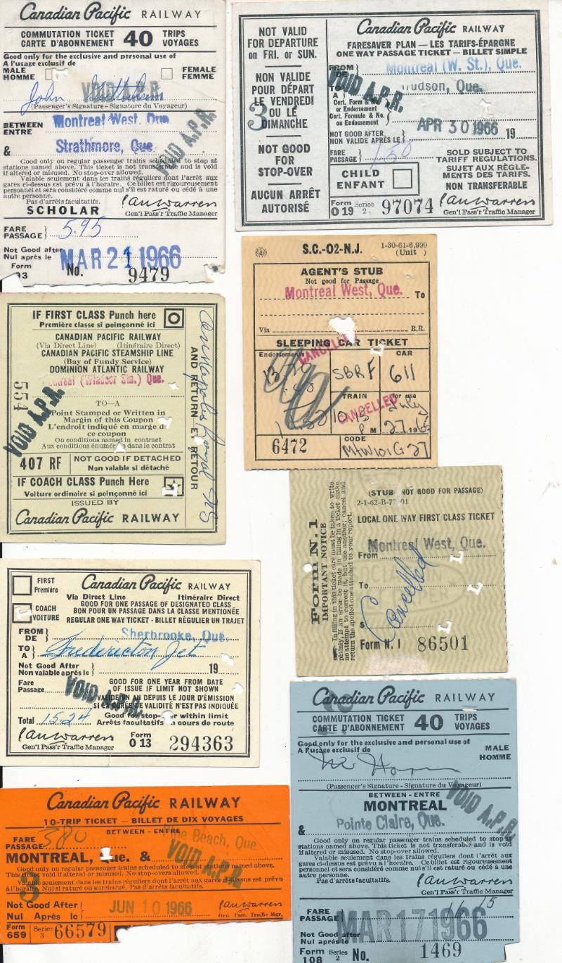 Canadian Pacific Railroad Passenger Train Tickets From the 1960's
