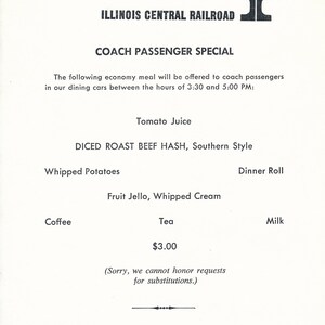 Menu wagonu restauracyjnego: Specjalne menu dla pasażerów pociągów Illinois Central Railroad Coach