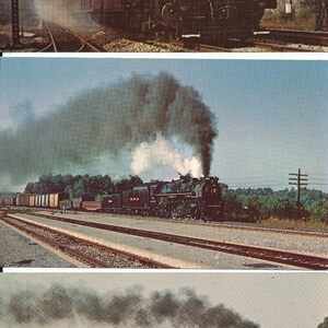 May include: A black steam locomotive with the number 769 on the front, pulling a train of boxcars. The train is moving through a rural landscape with trees and a bridge in the background.