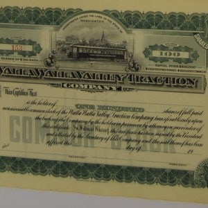 Certificado de acciones de 100 acciones de Walla Walla Valley Traction Company, década de 1880