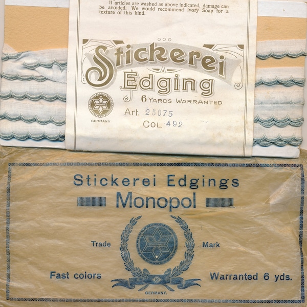 Vintage Antique Sewing items Lot of 4: Stickerei Edgings Monopol Art. 25075, Convent Stickerei Edging Art. 3862, Two Spools Pure Silk 100 Yd