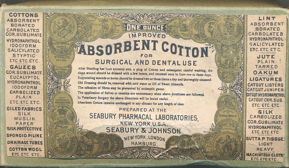 Antique 1920's One Ounce Improved Absorbent Cotton for Surgical