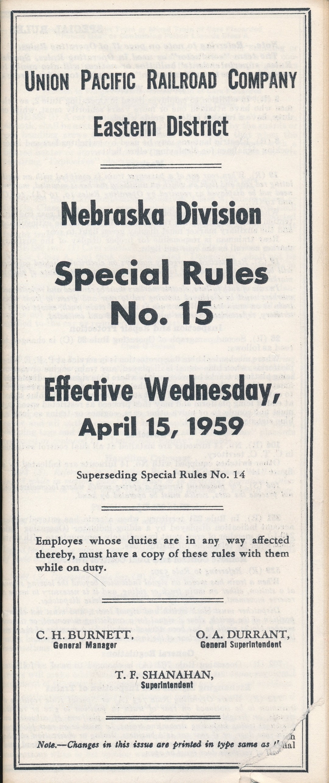 Special Rules Union Pacific Railroad Special Rules No. 15 April 15, 1959 Nebraska ...