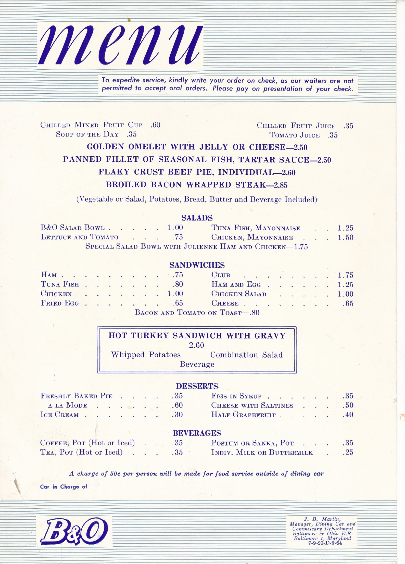 Baltimore and Ohio Dining Car Lunch Menu 1964 - Etsy
