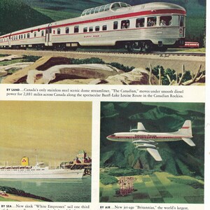 Canadian Pacific Railway, Shipping and Airline: 4 Magazine Print Ad&#39;s from the 1950&#39;s Promoting The Canadian, Banff, and Lake Louise