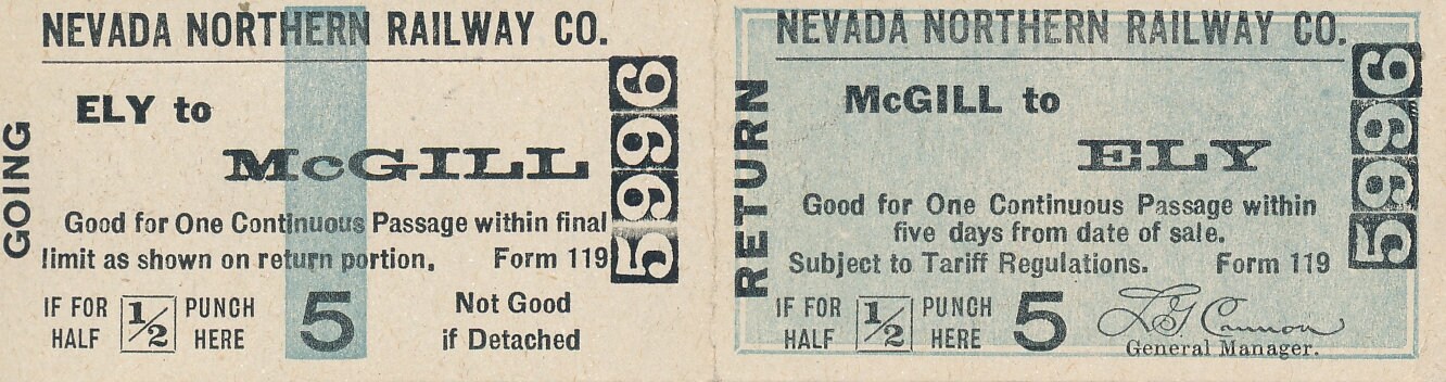 Nevada Northern Railway unused roundtrip trip Ely to McGill and return
