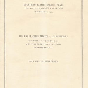 Menu wagonu restauracyjnego: Menu lunchowe na pokładzie specjalnego pociągu z Los Angeles do San Francisco 20 września 1959 r. dla Nikity Chruszczowa, przywódcy Rosji.