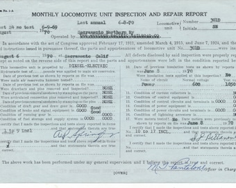 Sacramento Northern Railway Monthly Locomotive Unit Inspection  Repair Report 1970 for SN F3A 301D  (Former New York, Ontario & Western RR)
