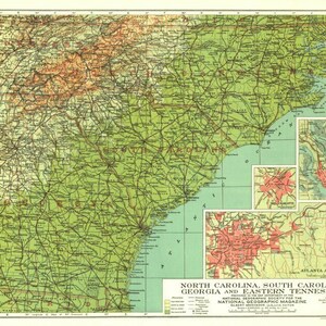 National Geographic-karta 1926 N Carolina, S Carolina, Georgia och östra Tennessee