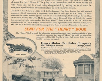 Anuncio impreso vintage de Henry Motor Car, década de 1910