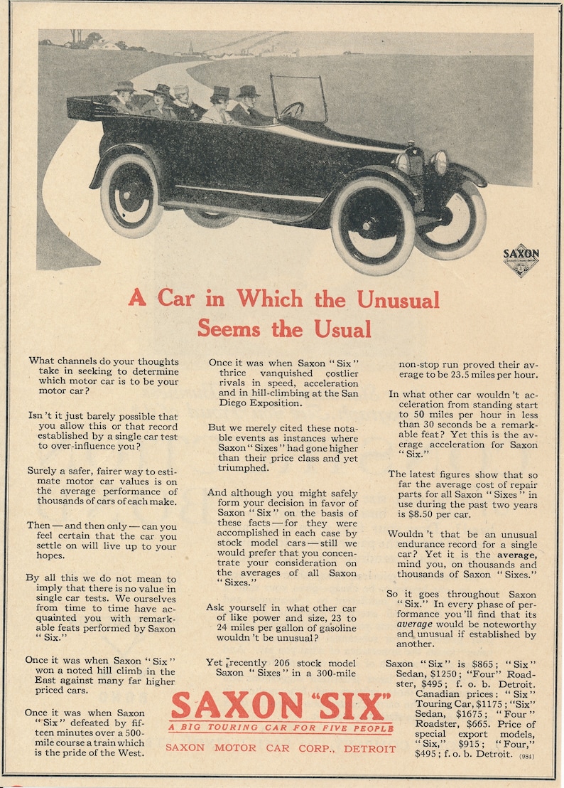 4 Vintage Print Ads for Saxon Motor Car Corp for 1900's and 1910's Etsy