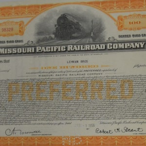 Missouri Pacific Railroad Company Preferred 100 Shares Stock 1950&#39;s