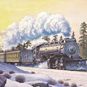 May include: Vintage illustration of a steam train traveling through a snowy landscape. The train is dark gray with a large smokestack billowing white smoke. The scene includes evergreen trees and a red caboose.