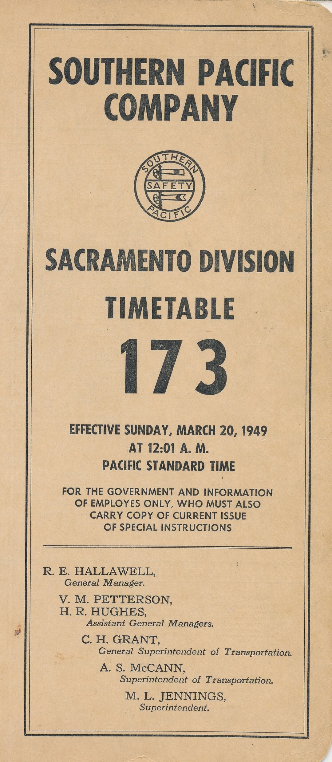 Southern Pacific Employee Timetable Sacramento Division: No. 173 March ...