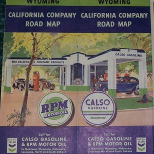 Carte routière du Wyoming par Calso Gasoline & Motor Oil des années 1930