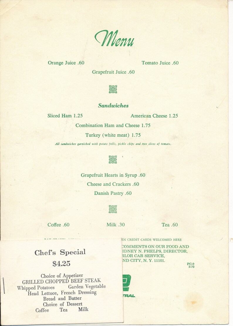 Penn Central Lunch Menu Etsy