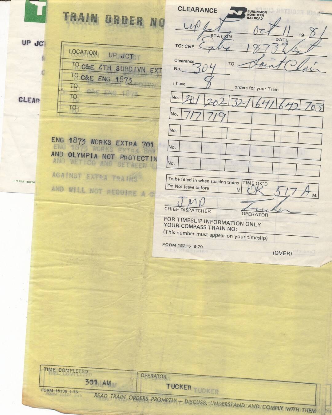 Burlington Northern Railroad 3 Sets of Train Orders Including Messages ...