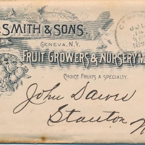 Cartas y sobre a John Dawes sobre viveros, jardinería y alimentación, fechado el 14 de julio de 1894, de E. Smith & Sons Fruit Growers and Nurserymen
