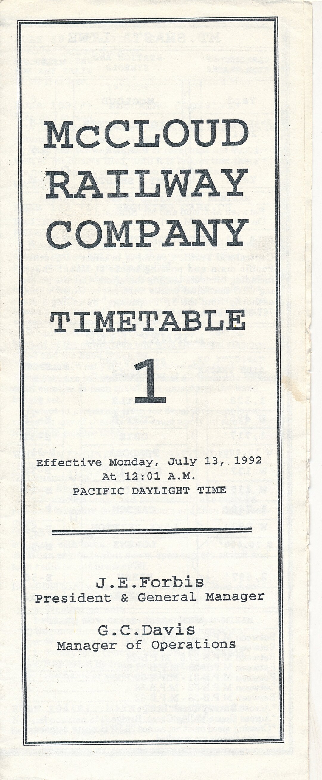 Mccloud Railway Company Employee Timetable No. 1 July 13, 1992 Etsy