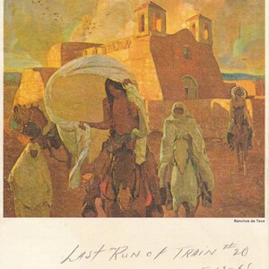 May include: A painting depicting a group of people on horseback riding through a desert landscape. The people are dressed in traditional clothing and are carrying supplies. In the background, there is a large adobe building with a bell tower. The painting is titled "Last Run of Train #20 5-13-65" and is signed by "Richard Bodin".