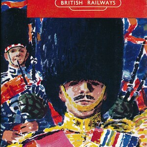May include: A vintage travel poster advertising a trip to Britain by ship and train. The poster features a colorful illustration of a British soldier in a red, yellow, and blue uniform. The text on the poster reads "BRITAIN by ship and train BRITISH RAILWAYS".