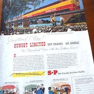 Southern Pacific Railroad 5 Vintage Magazine Print Ad&#39;s from 1930&#39;s & 1950&#39;s Promoting the Golden State, Sunset Ltd. and Shasta Daylight
