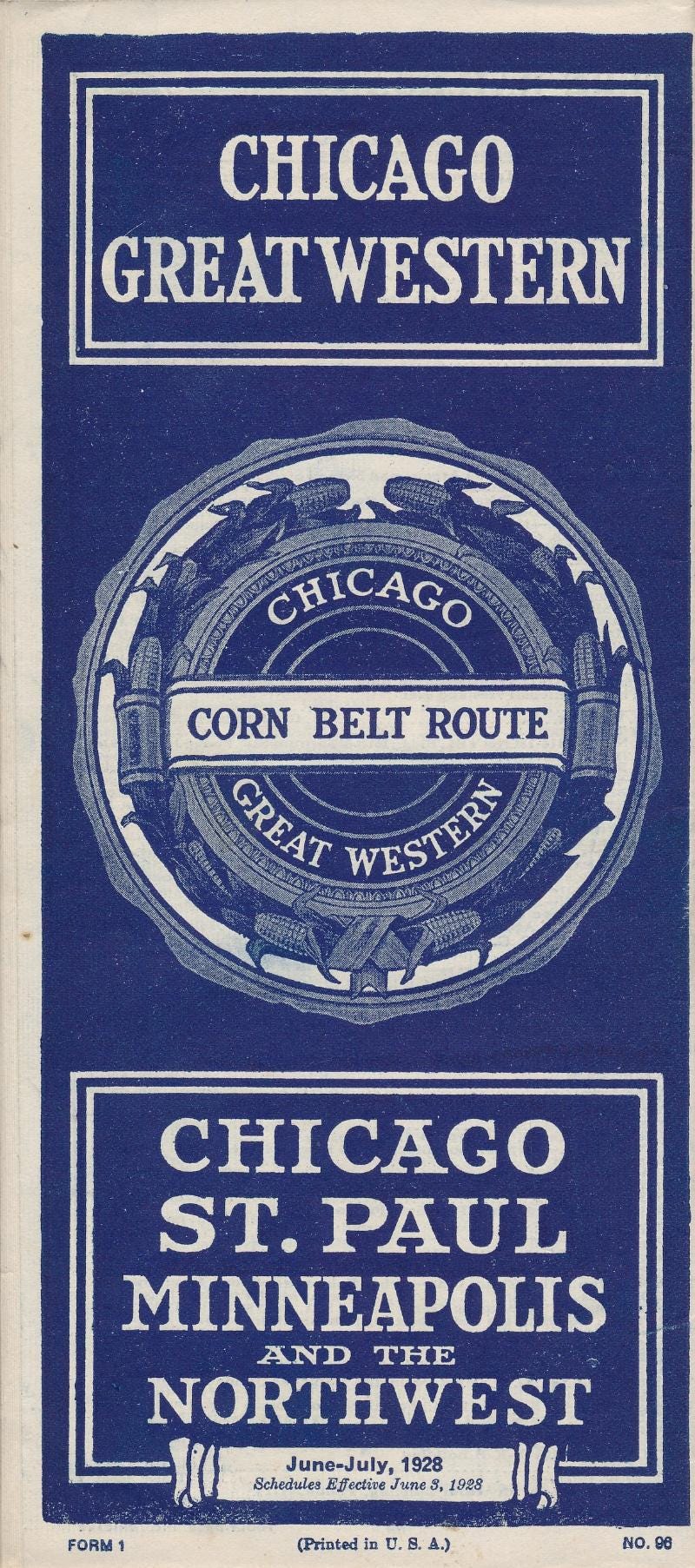 1928 年 6 月 3 日付けのシカゴ グレート ウェスタン鉄道の公共時刻表