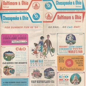 May include: Vintage travel advertisement from 1964 for the Baltimore & Ohio and Chesapeake & Ohio railroads. The colorful graphic features illustrations of family vacations, train travel, and destinations like the World's Fair and Washington D.C.