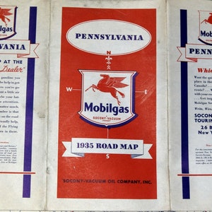 Cartes routières de la Pennsylvanie, Lot de 2 1935 Socony-Vacuum Mobilgas et Texaco 1929