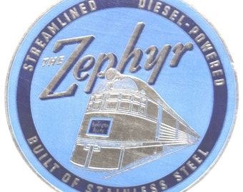 CBQ Burlington Route Railroad:  Zephyr decal in foil 1937, Pioneer Zephyr Souvenir RPO Envelope Nov 11, 1934 and a  Snack & Beverage Menu