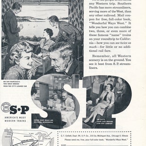 Vintage Southern Pacific Railroad 5 Magazine Print Ads from 1950&#39;s Promoting Sunset Ltd, Golden State, and The City of San Francisco