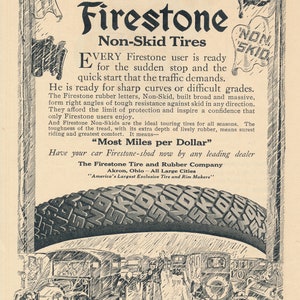 2 anuncios impresos antiguos de neumáticos Firestone de los años 1910 y 1920