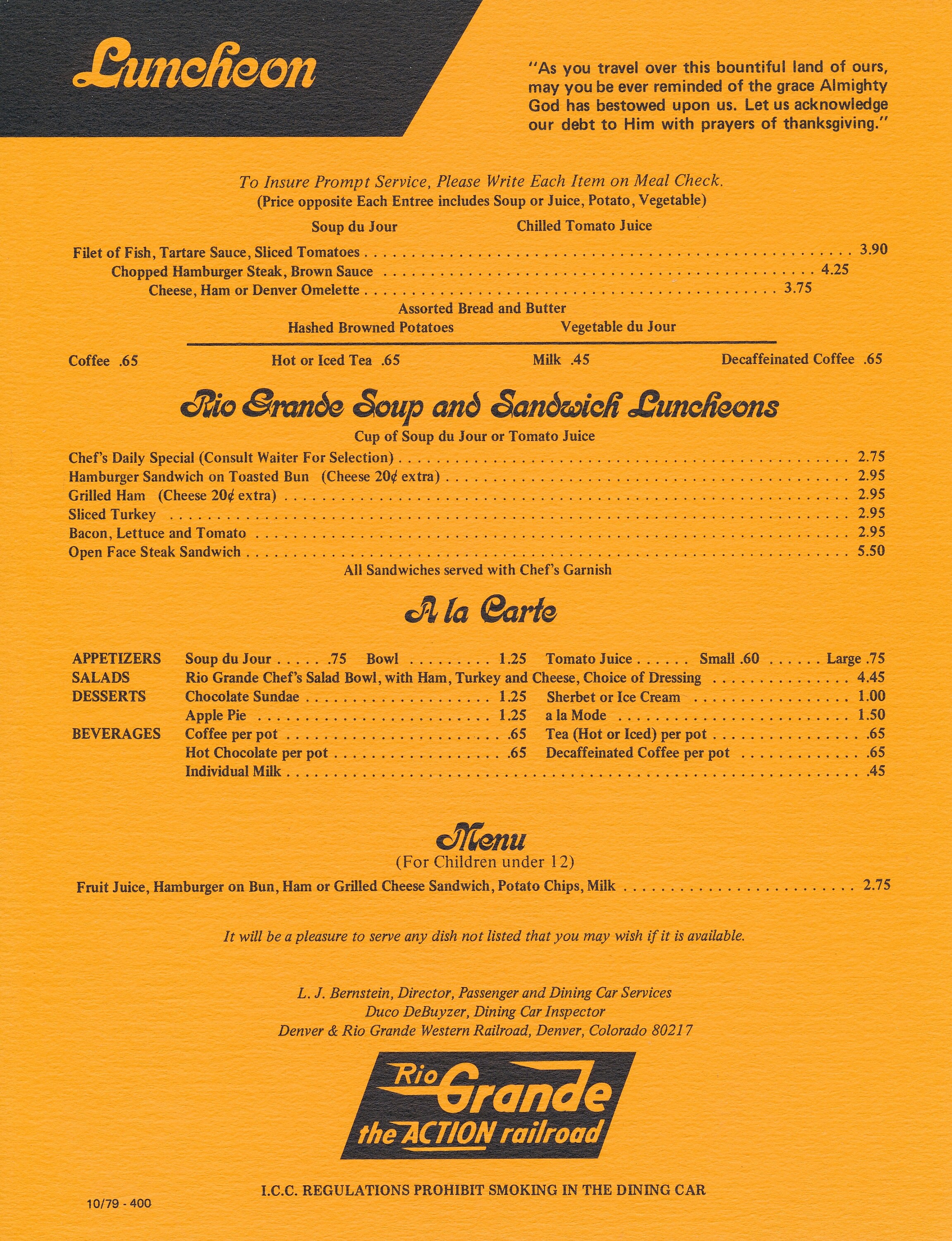 Dining Car Menu: Rio Grande Lunch Menu