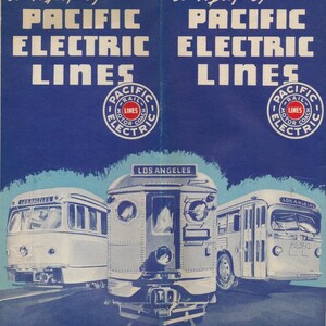 Mapa de la línea ferroviaria Pacific Electric Lines en el área de Los Ángeles-San Bernardino con un mapa detallado del centro de Los Ángeles. Marzo de 1945. Tamaño: 33 x 21.