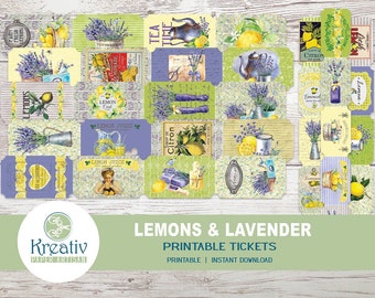 Lemons and Lavender Tickets, Junk Journal, Lemonade, Embellishments, Scrapbooking, Vintage, Yellow, Lavender, Printable, INSTANT DOWNLOAD