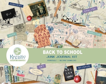 May include: A printable junk journal kit with a back to school theme. The kit includes images of school supplies, books, and classroom scenes. The kit is available for instant download.