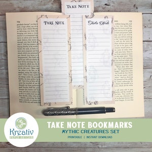 Printable Bookmarks, Take Note, Book Notes, Book Lovers Gift, Bookworm, Mythic Creatures, Mermaid, Unicorn, Pegasus, INSTANT DOWNLOAD