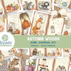 Bois d'automne, Animaux de la forêt, Junk Journal, Citrouille, Renard, Ours, Chipmunk, Oiseau, Champignon, Neutre, Earthtones, Imprimable, TÉLÉCHARGEMENT INSTANTANÉ