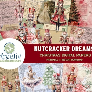 Op de afbeelding: Een digitaal papierpakket met een Notenkraker Dromen thema. De papieren bevatten een verscheidenheid aan afbeeldingen, waaronder notenkrakers, ballerina's en kerstbomen. De papieren zijn perfect voor scrapbooking, kaart maken en andere papierambachten.
