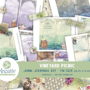 Vineyard Picnic TN Journal Kit, Wine, Summer Picnic Basket, Corkscrew, Paperclip Embellishment, Tags, Envelopes, Printable, INSTANT DOWNLOAD
