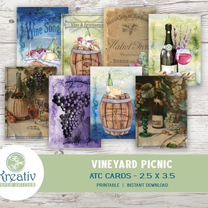 Vineyard Picnic, cartões ATC imprimíveis para Junk Journal, 2,5 x 3,5, verão, barril de vinho, cesta de piquenique, uvas, coisas efêmeras, DOWNLOAD INSTANTÂNEO