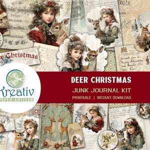 Kit de diário de Natal de veado, para impressão, crianças vitorianas, veado de inverno, cartas vintage, neve, scrapbooking, artesanato em papel, aconchegante, vermelho quente