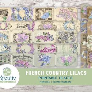 Country francês, lilases, ingressos para impressão, borboleta, buquê, roxo, rosa, azul, coisas efêmeras, álbum de recortes, diário indesejado, DOWNLOAD INSTANTÂNEO