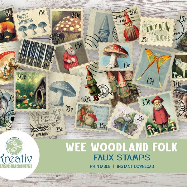 Printable Faux Stamps, Wee Woodland Folk, Gnomes, Mushrooms, Junk Journal, Scrapbook, Vintage, Ephemera, Fussy Cut, INSTANT DOWNLOAD