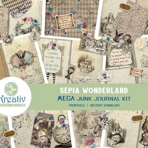 Alice im Wunderland Junk Journal Kit, Sepia, Printable, Rosen, Petrol, Pink, Gold, weißes Kaninchen, Herzkönigin,Lewis Carroll, Tee-Party